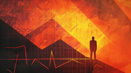 Businessman standing on the edge of a cliff looking at a crashing stock market.