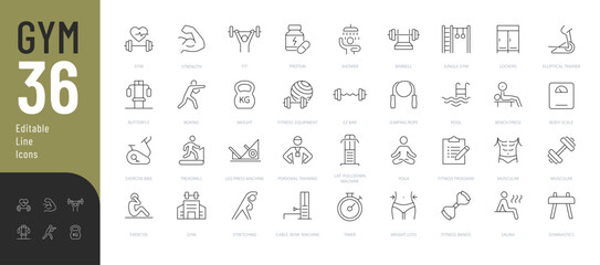 Obraz premium GYM Line Editable Icons set. Vector illustration in modern thin line style of fitness related icons: gym, sports equipment, exercises, and more. Pictograms and infographics for mobile apps.
