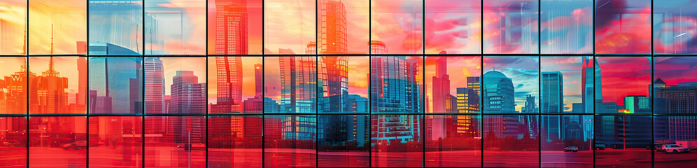 Urban symphony: a vibrant tapestry of tall buildings. A colorful painting depicting a bustling cityscape with towering skyscrapers reaching the sky, showcasing the vibrancy and energy of urban life