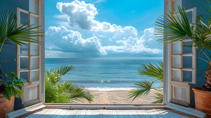 Serene Coastal Escape: A Window's View of Tranquility, Ideal for Seaside Getaways and Vacation Destinations � Stock Image
