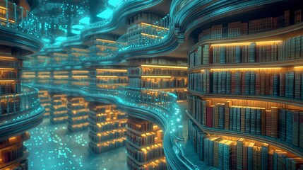 A virtual library with endless rows of glowing, holographic books, the soft, ambient light creating...