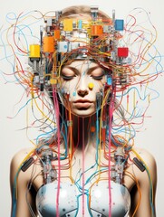 An illustration of a woman's face with colorful wires and electronic components attached to her head and neck.