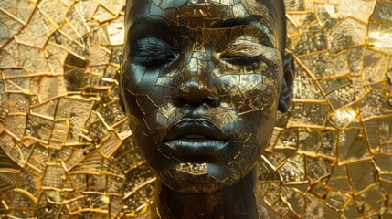 A black woman's face is made of gold and broken glass, with golden patterns on the background. The style features mosaic texture and abstract shapes, creating an overall effect reminiscent of cubism