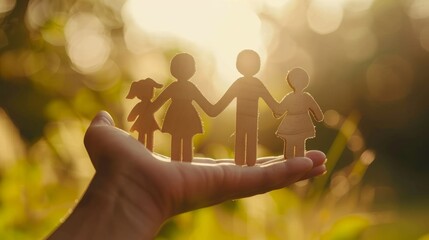 image of happy family concept. wooden cut people holding hands together. international day of families
