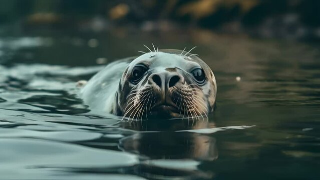 Peaceful seal emerges with curious eyes above the calm water, creating a captivating and serene portrait against a soft, blurred natural background in a wild habitat