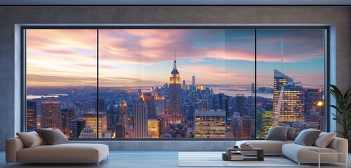 A wall background featuring a large, panoramic window with a view of the city skyline at twilight,...