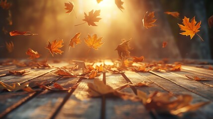 A warm, golden light projection of falling leaves on a rustic, wooden floor, bringing the essence of autumn indoors and creating a cozy, seasonal ambiance. 32k, full ultra hd, high resolution