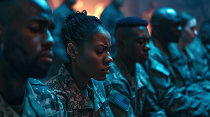 Obraz premium Depict a diverse group of military personnel, including various races and genders, participating in a prayer session on USA Prayer Day at a military base