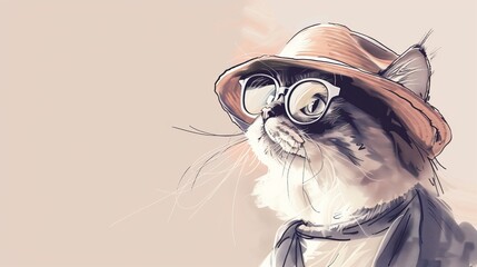 A drawing of a cat wearing a hat and glasses