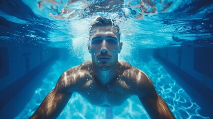 Professional male swimmer training in pool with butterfly technique   aerial view shot