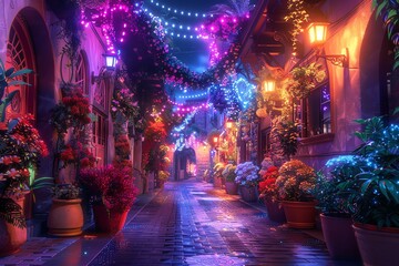 Obraz premium 3Drendered magical alley with vibrant colors, futuristic elements, suitable for an imaginative wallpaper