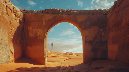 Panoramic View of Desert Landscape Through a Window, Conveying a Sense of Adventure and Exploration, in Relaxing Natural Environment - Stock Photo Concept