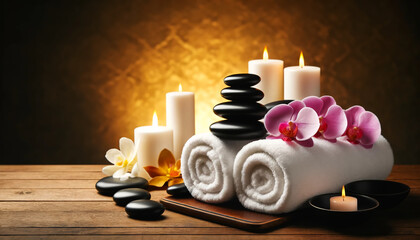 Spa setting with rolled white towels black smooth stones stacked in a pyramid vibrant orchid flowers and several lit candles. Copy space. Spa. Relaxation concept.