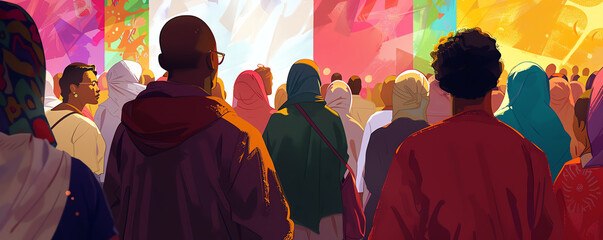 Illustrate a community event on USA Prayer Day where people of different ethnicities are sharing prayers and stories under a banner that reads  Unity in Diversity