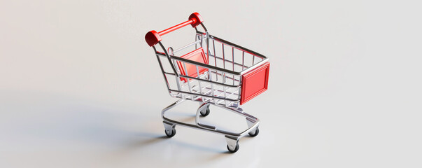 Red and silver shopping cart on white background.