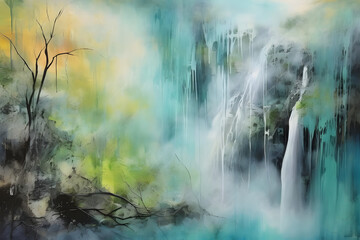 calming waterfall bordering marsh, abstract landscape art, painting background, wallpaper, generative ai