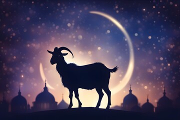 Goat silhouette against mosque. Eid Al Adha Mubarak the celebration of Muslim