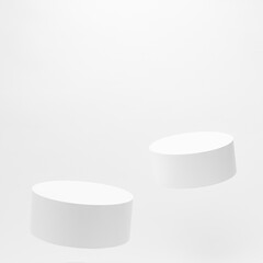 Set of two tilt round white podiums mockup for cosmetic products, levitate on white background. Scene for presentation products, gifts, goods, advertising, sale, showing, design in modern style.