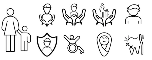 Set of line icons related to child care, children day, kid rights, parenthood. Editable stroke. Vector illustration.
