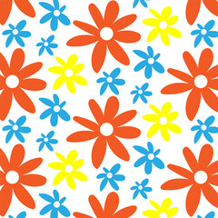 Fototapeta premium Bright seamless pattern with daisies. Minimalistic texture with yellow, orange and blue chamomile buds on a white background. Print for decoration and printing.