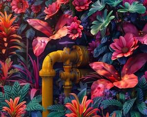 Closeup image of a colorful fashion irrigation device amidst vibrant foliage, artistic 3D rendering