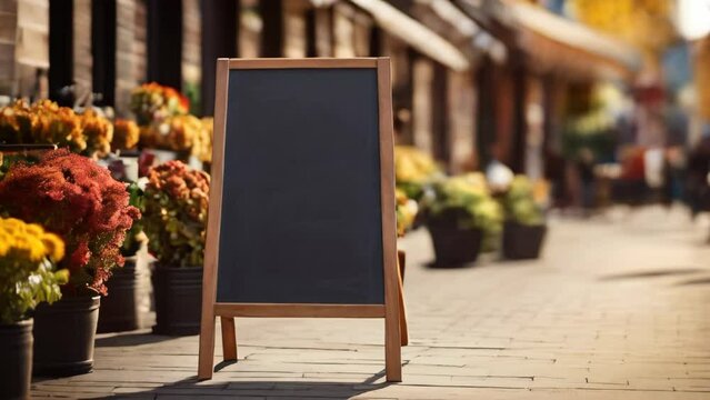 Signboard on the street. Empty menu board stand. Restaurant sidewalk chalkboard sign board. Freestanding A-frame blackboard near flower shop ur cafe. Copyspace for text, selective focus