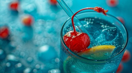 A pictureperfect mocktail of lemonlime soda blue curacao and pineapple juice topped with a maraschino cherry. - obrazy, fototapety, plakaty