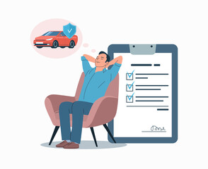  Car insurance concept. A man sits in a chair in a relaxed position and thinks about the security of the car. Vector illustration.