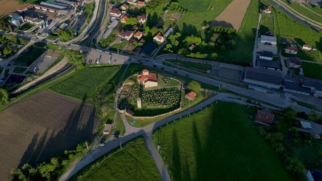 Aerial view of Serbian Orthodox Church of the Holy Apostles Peter and Paul, Ras and gravestones.The oldest church in Serbia. Novi pazar, Serbia 29.04.2024 
