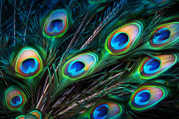 A vibrant and exotic background featuring a peacock feather pattern with rich blues and greens, highlighted by natural iridescence.