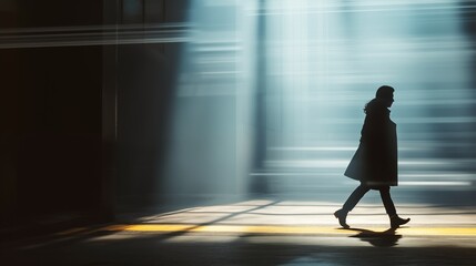 Abstract teenager silhouette in motion walking through urban city street with light beams and shadow, Personal Growth Concept with Ambitious kid in a Modern Environment