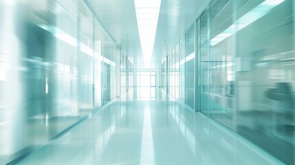 Obraz premium Empty white corridor with glass walls. Blurred motion image in blue and white tones. Medical facility concept. Design for healthcare posters and presentations. Wide angle perspective with copy space.