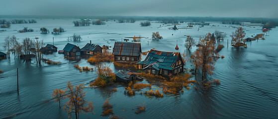 Flooded houses and land plots in villages during spring floods