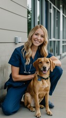 A woman in scrubs sitting next to a brown dog