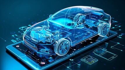 Application for a digital tablet for wireless diagnostics and analysis of the technical condition of the electric motor in the car and the state of the battery. Car model shown in 3D projection 