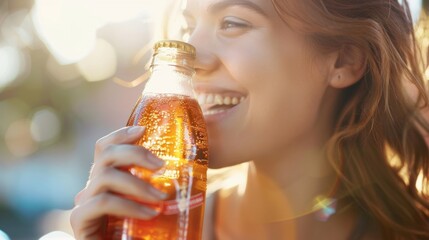 A person holding a bottle of ginger ale a nonalcoholic brew and smiling as they take a sip demonstrating the enjoyable and refreshing taste. - Powered by Adobe