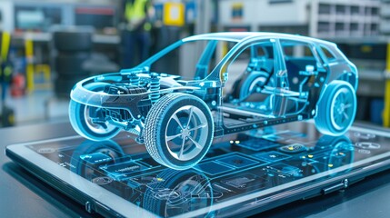 Obraz premium Application for a digital tablet for wireless diagnostics and analysis of the technical condition of the electric motor in the car and the state of the battery. Car model shown in 3D projection 