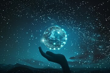 Silhouette of a hand holding a flying earth, adorned with intricate network connections, symbolizing global communication against a captivating starry sky background.
