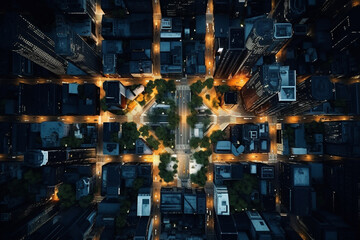 Aerial top view of downtown district buildings in night city light. Bird's eye view from drone of cityscape metropolis infrastructure, crossing streets with parked cars. Development infrastructure .