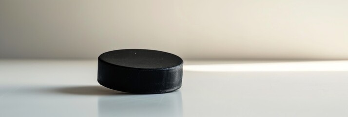 Black rubber hockey puck standing tall on a white backdrop