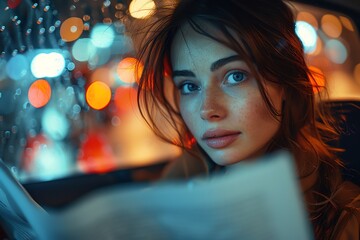 Fototapeta premium Female executive reviewing documents in a town car, blurred city traffic through tinted windows, sophisticated evening wear, focused expression