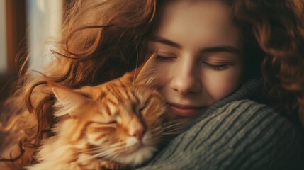 Young hipster woman and her favorite ginger cat who are hugging heartily