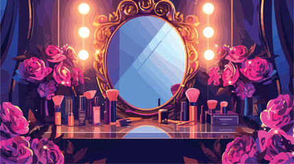 Mirror in frame with bulb lights. Makeup mirror vec