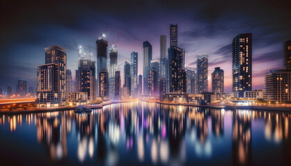 Fototapeta premium Twilight Reflections in Modern Metropolis: Urban Skyline with Waterfront Illuminations