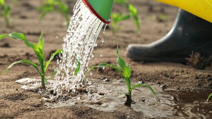 Watering sprouts crops from watering can. Close up water washes over leaves of green corn crops...