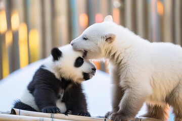 パンダとホッキョクグマの子供同士のイメージ画像