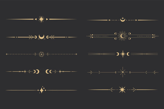 Golden divider celestial border with stars moon and sun thin line elegant simple decoration, mystic tarot separator, minimalist magic gold design element on dark background