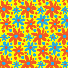 Bright seamless pattern with daisies. Minimalistic texture with daisy buds and orange and blue circles on a yellow background. Print for decoration and printing.