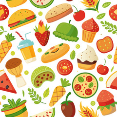 Seamless pattern with fast food cake, burger, ice cream and fruit, cute flat style vector illustration on white background generated by Ai