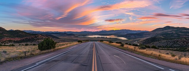 Asphalt road winding through mountainous natural landscape with sunset backdrop